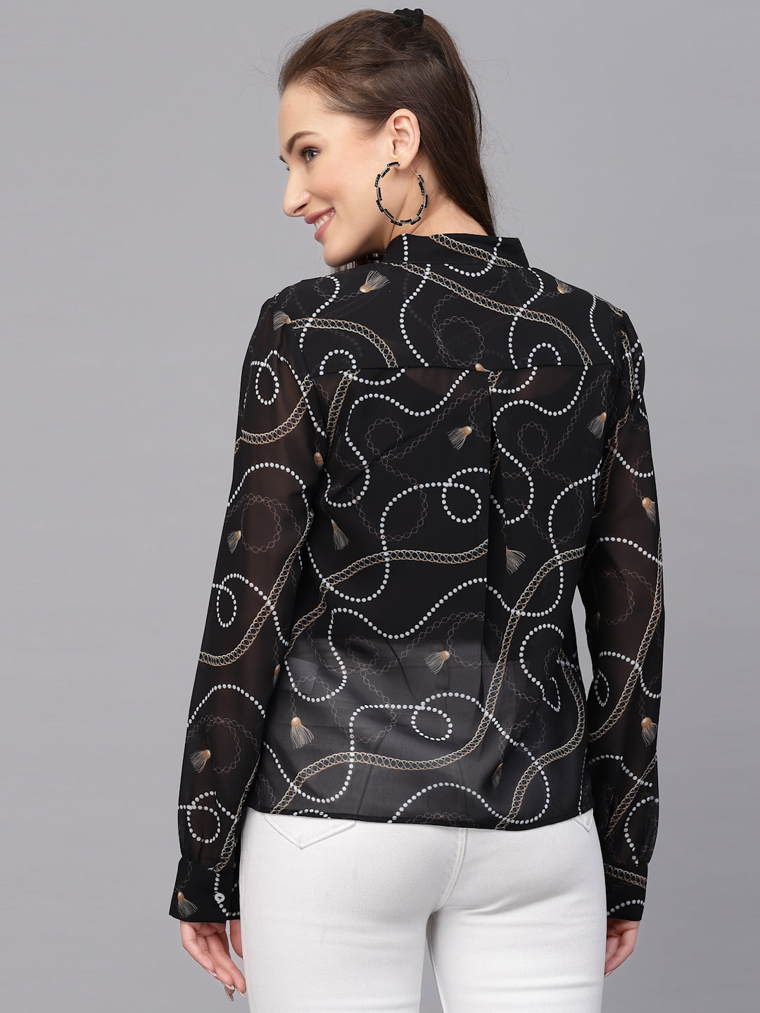 Valbone Women’s Black Georgette Printed Shirt Full Sleeves