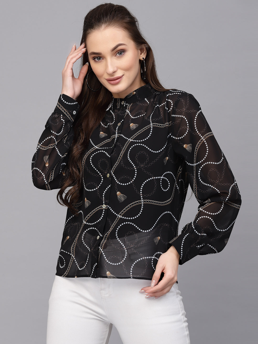 Valbone Women’s Black Georgette Printed Shirt Full Sleeves