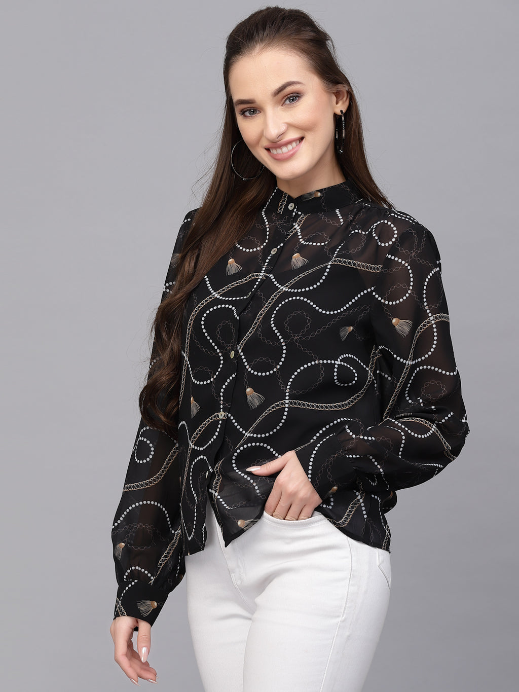 Valbone Women’s Black Georgette Printed Shirt Full Sleeves