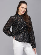Valbone Women’s Black Georgette Printed Shirt Full Sleeves