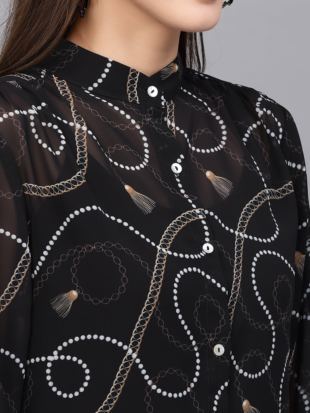 Valbone Women’s Black Georgette Printed Shirt Full Sleeves