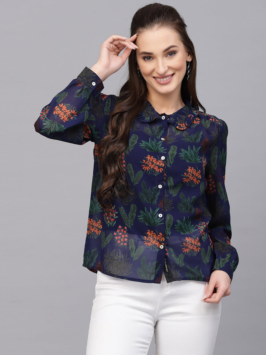 Valbone Women’s Blue Georgette Printed Shirt