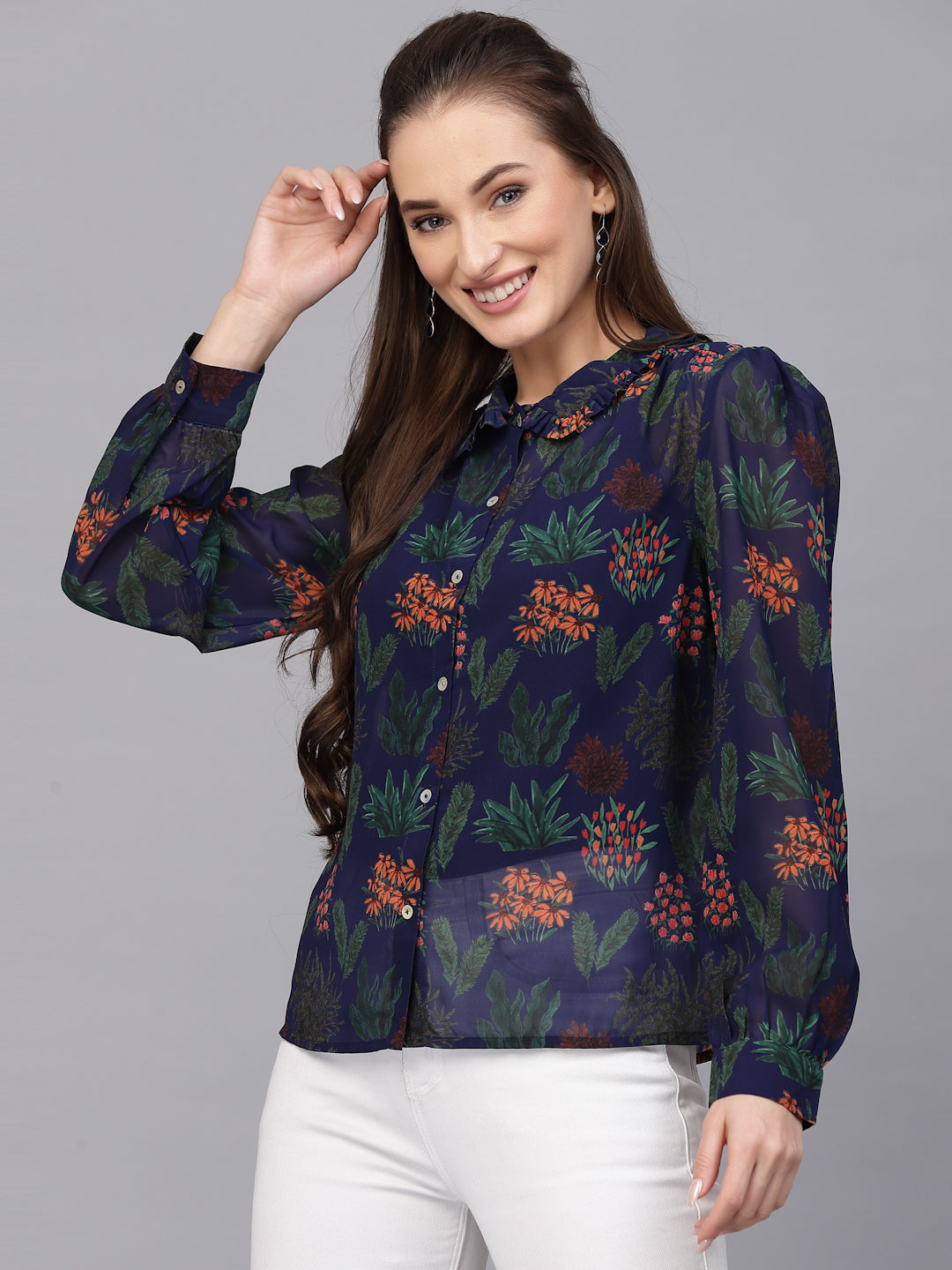 Valbone Women’s Blue Georgette Printed Shirt