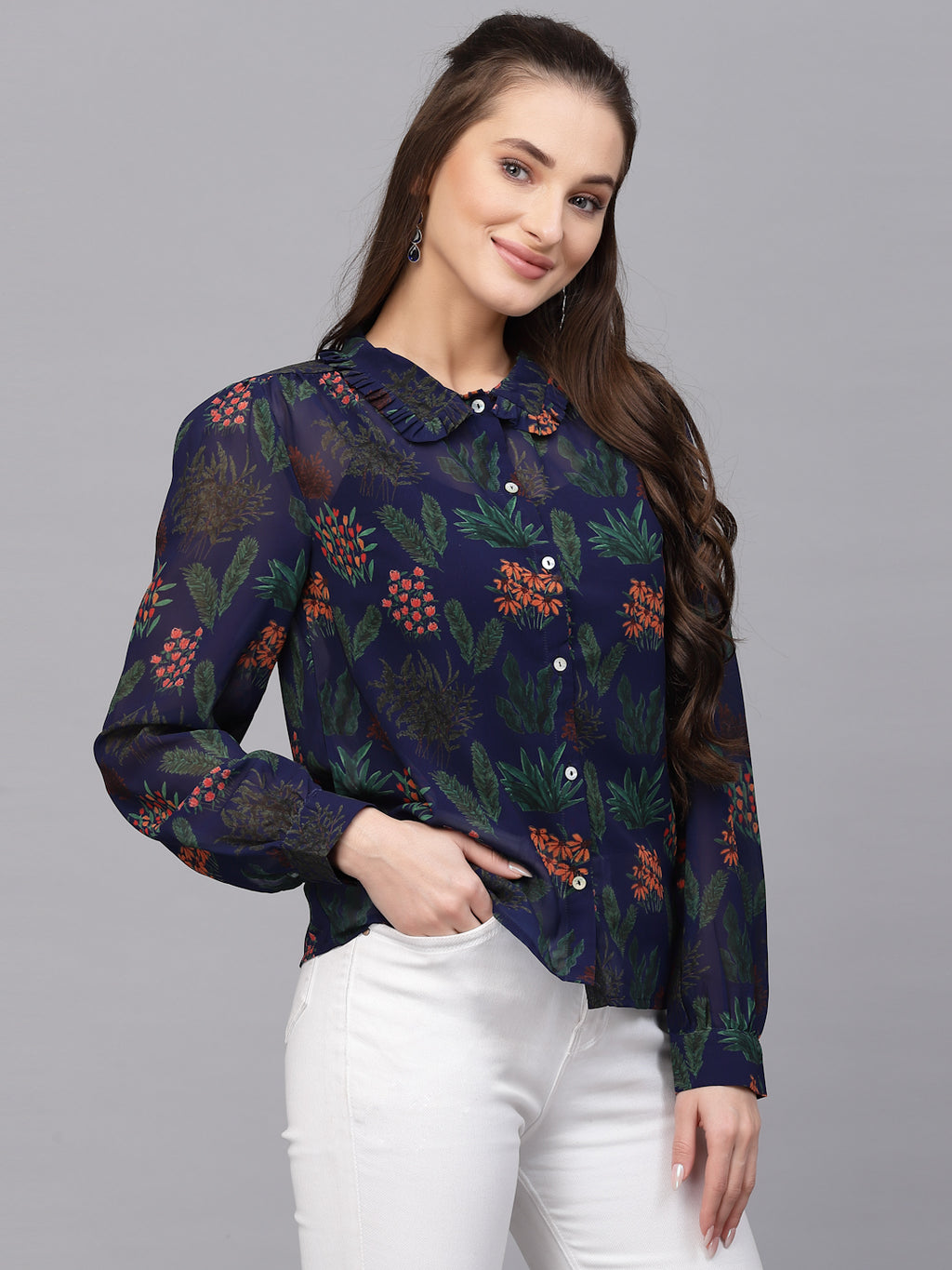 Valbone Women’s Blue Georgette Printed Shirt