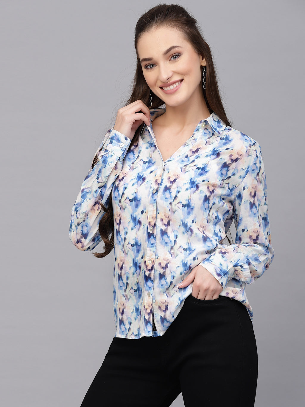 Valbone Women’s Blue Modal Silk Printed Shirt