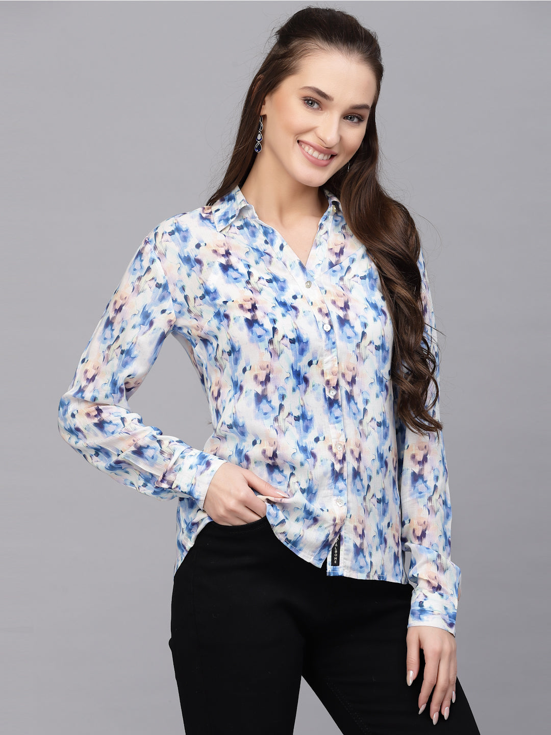Valbone Women’s Blue Modal Silk Printed Shirt