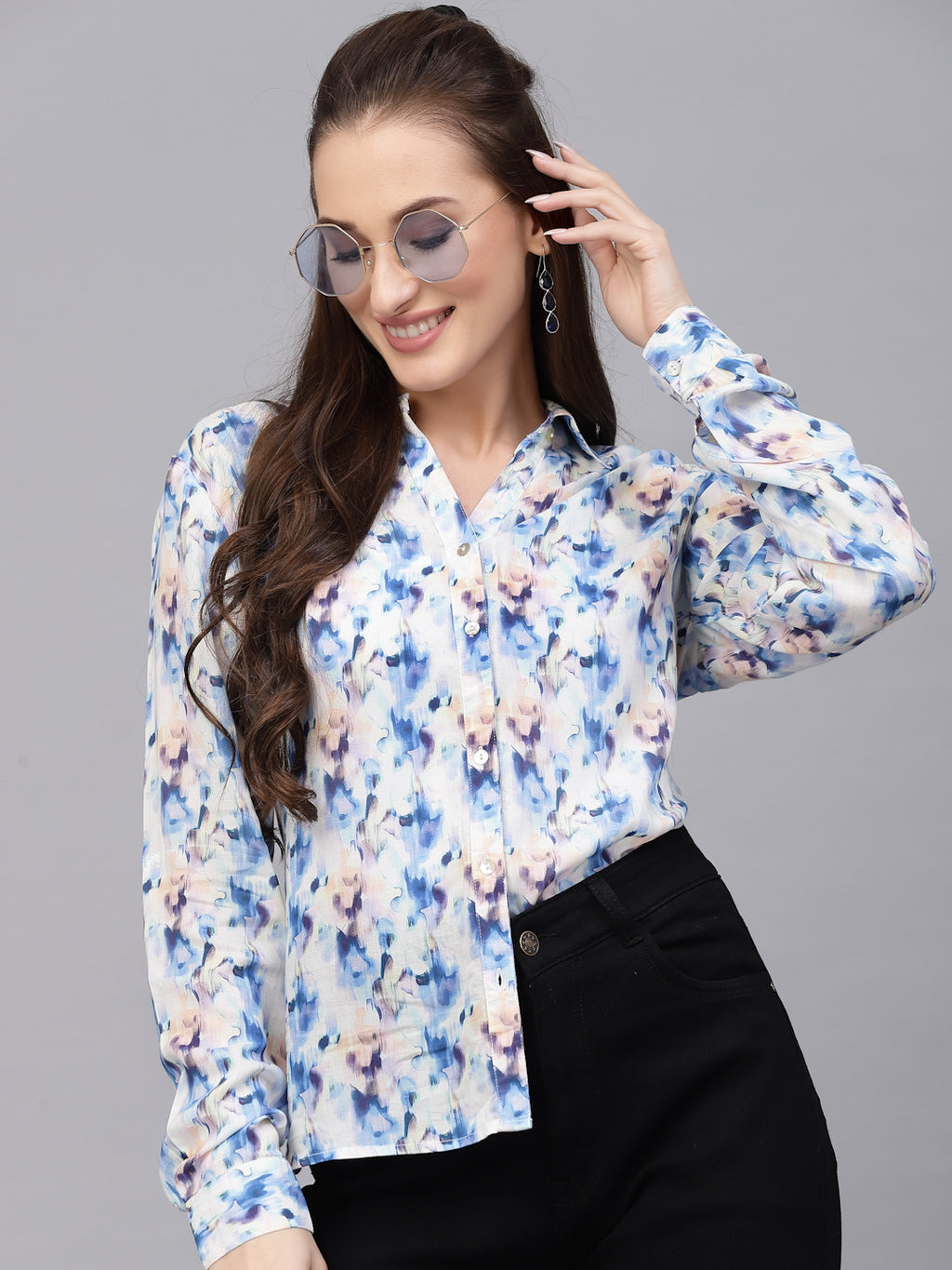 Valbone Women’s Blue Modal Silk Printed Shirt