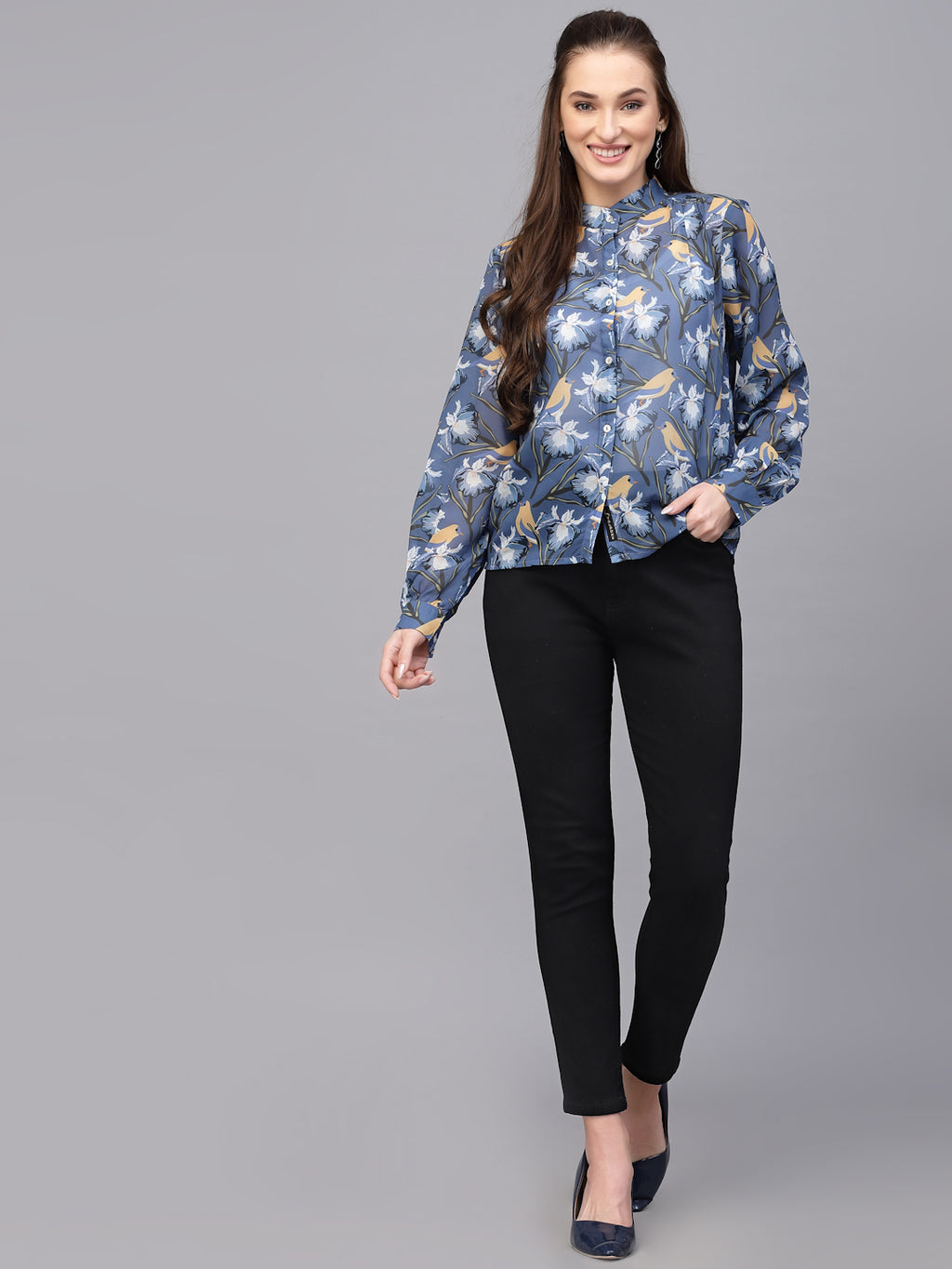 Valbone Women’s Blue Georgette Printed Shirt