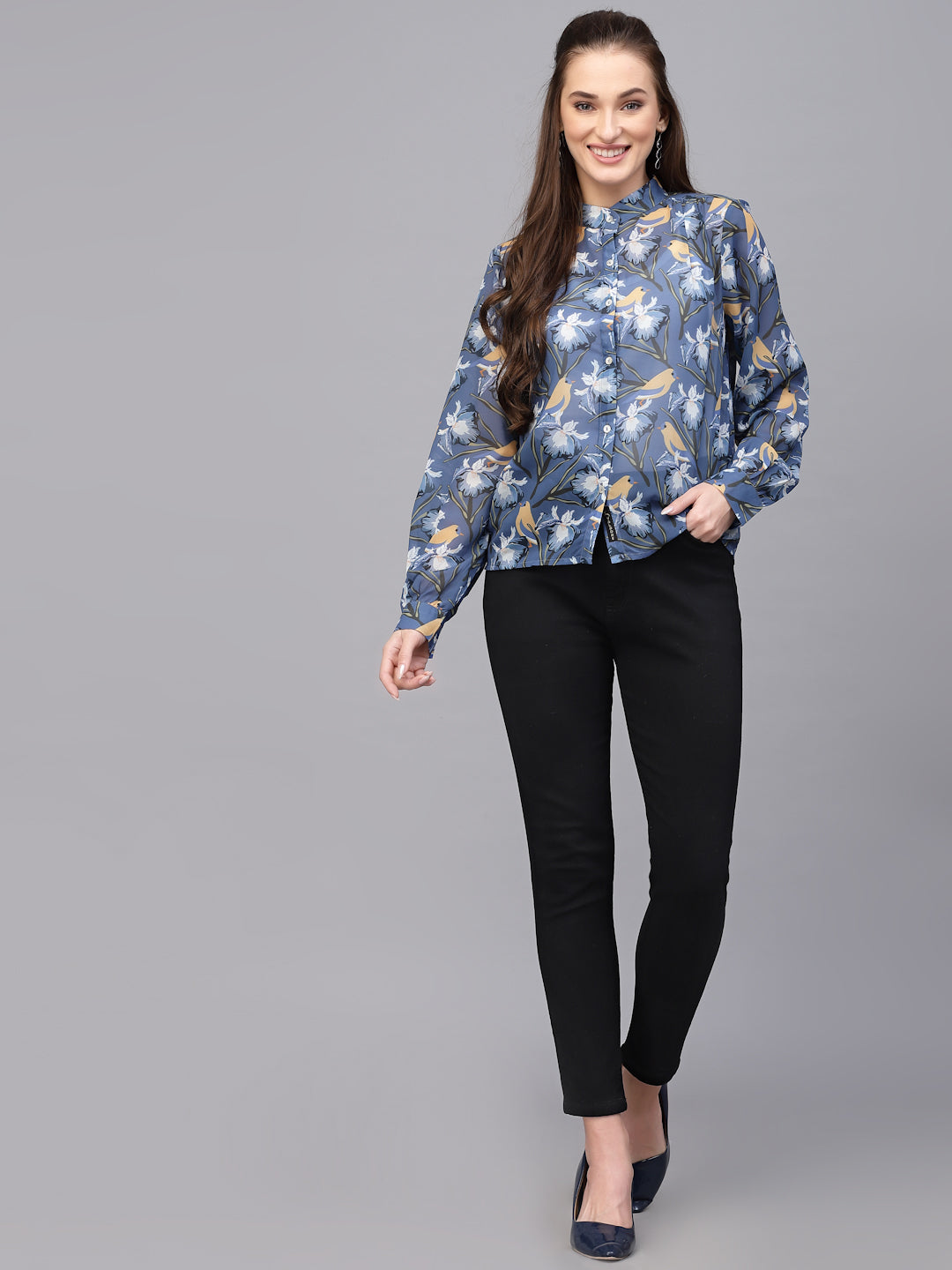 Valbone Women’s Blue Georgette Printed Shirt