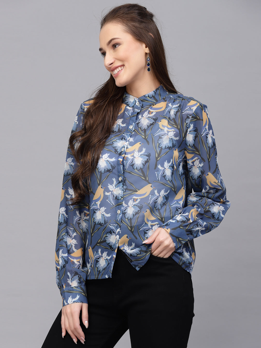 Valbone Women’s Blue Georgette Printed Shirt