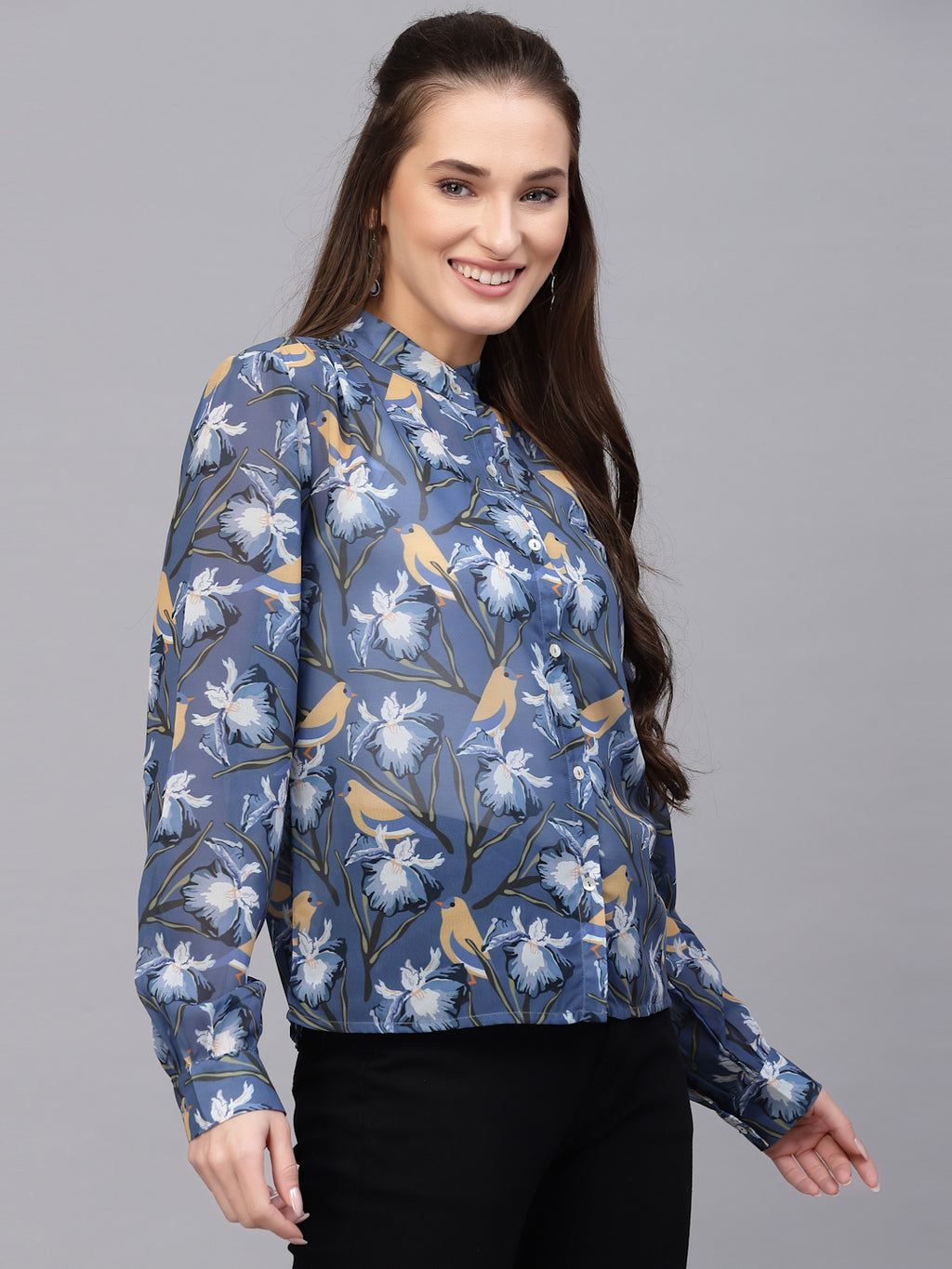 Valbone Women’s Blue Georgette Printed Shirt