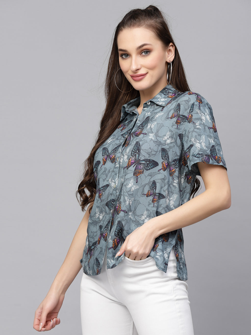 Valbone Women’s Grey Modal Silk Printed Shirt