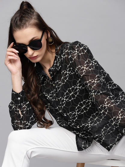 Valbone Women’s Black Georgette Floral Printed Shirt Full Sleeves