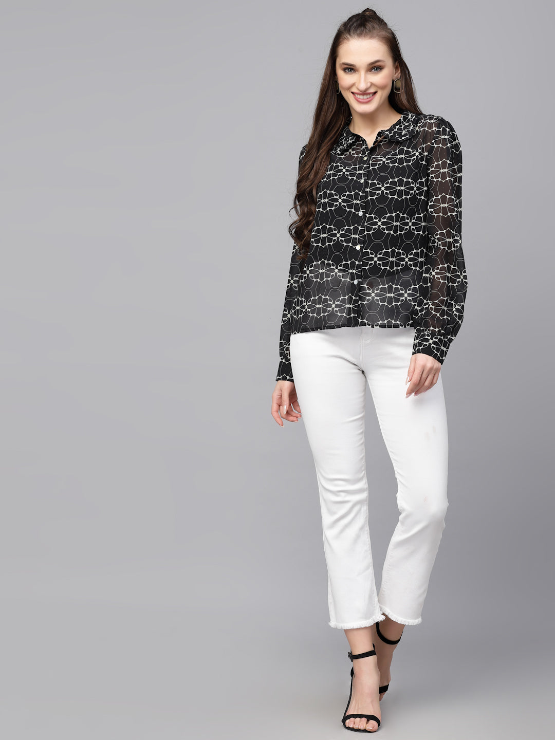 Valbone Women’s Black Georgette Floral Printed Shirt Full Sleeves