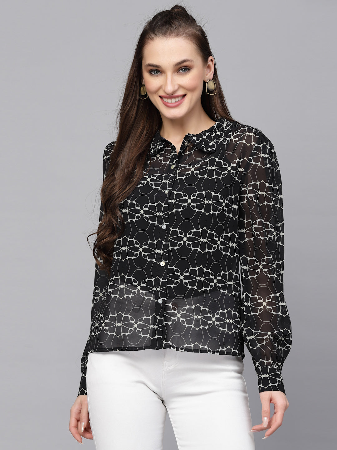 Valbone Women’s Black Georgette Floral Printed Shirt Full Sleeves