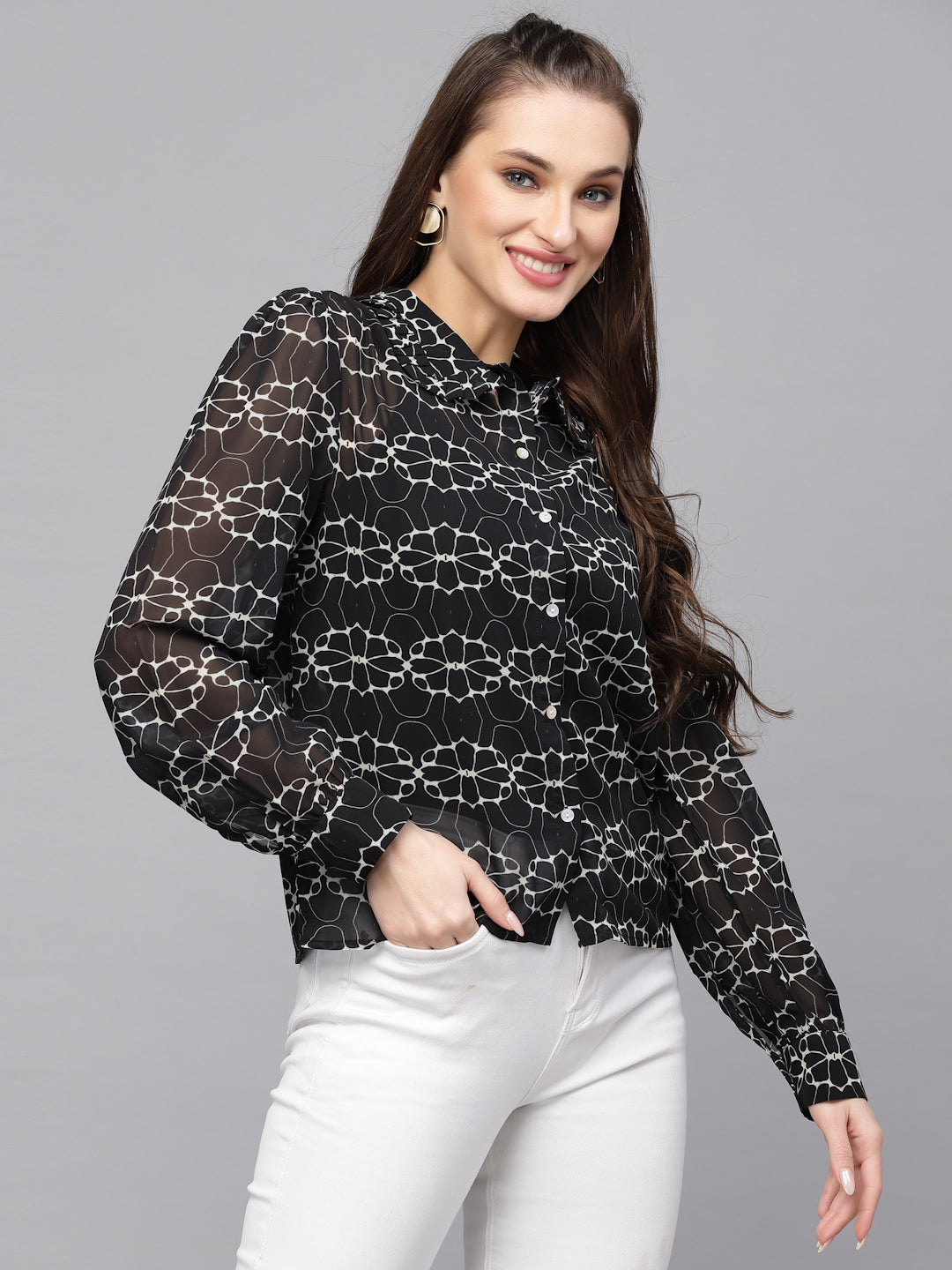 Valbone Women’s Black Georgette Floral Printed Shirt Full Sleeves