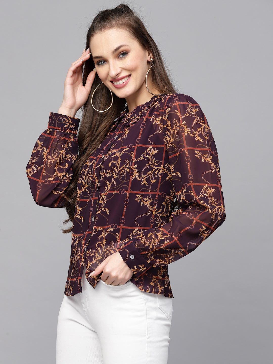 Valbone Women’s Maroon Georgette Printed Shirt