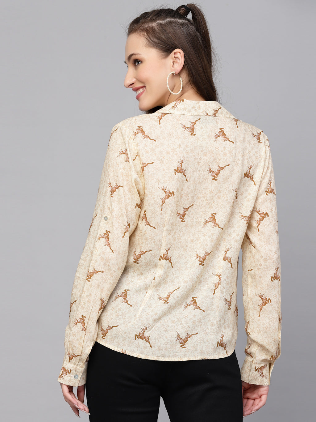 Valbone Women’s Off-White Modal Silk Printed Shirt Full Sleeves