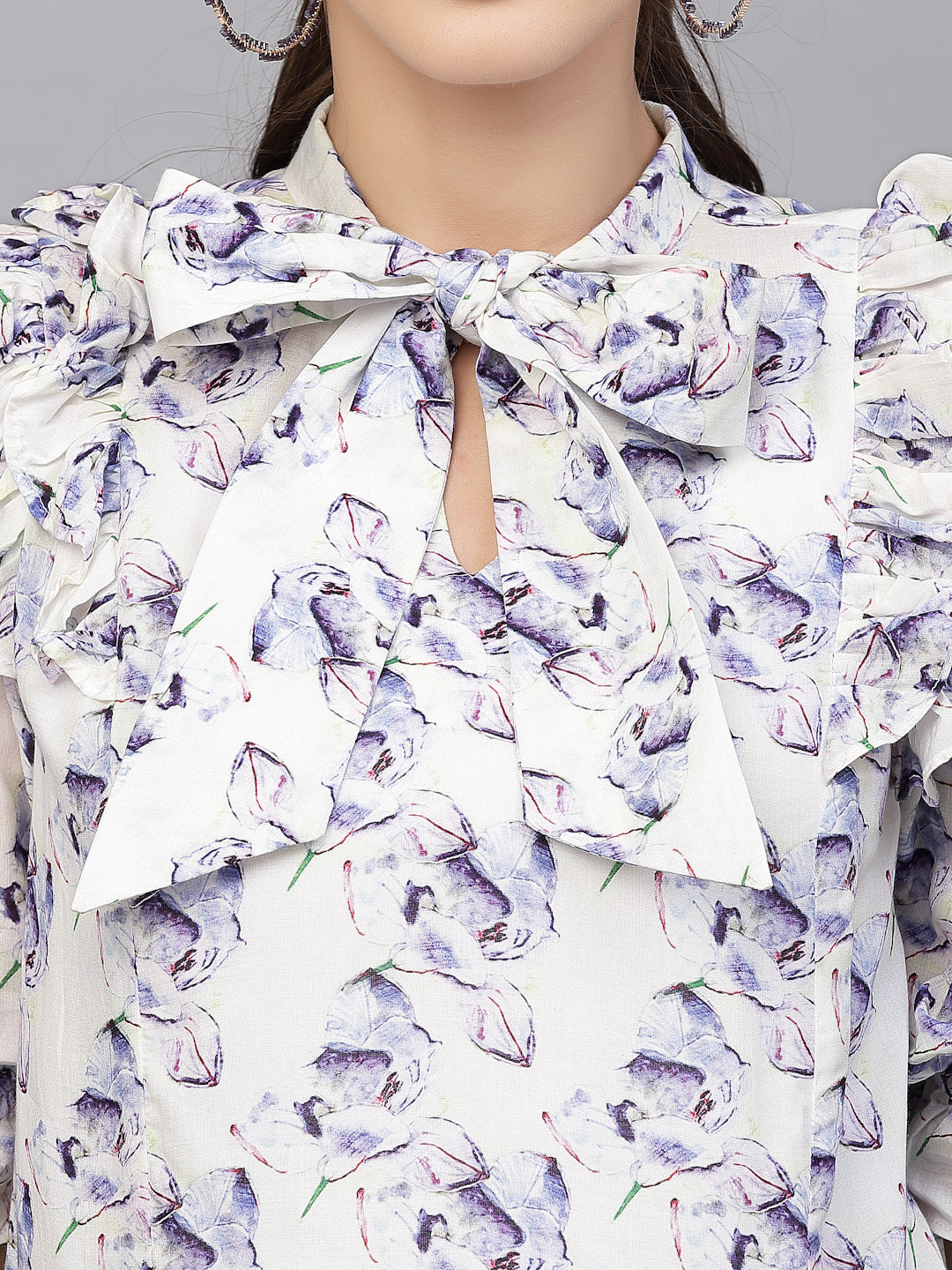 Valbone Women’s White & Purple Floral Printed Casual Wear Rayon Half Sleeves Tie Pattern Top