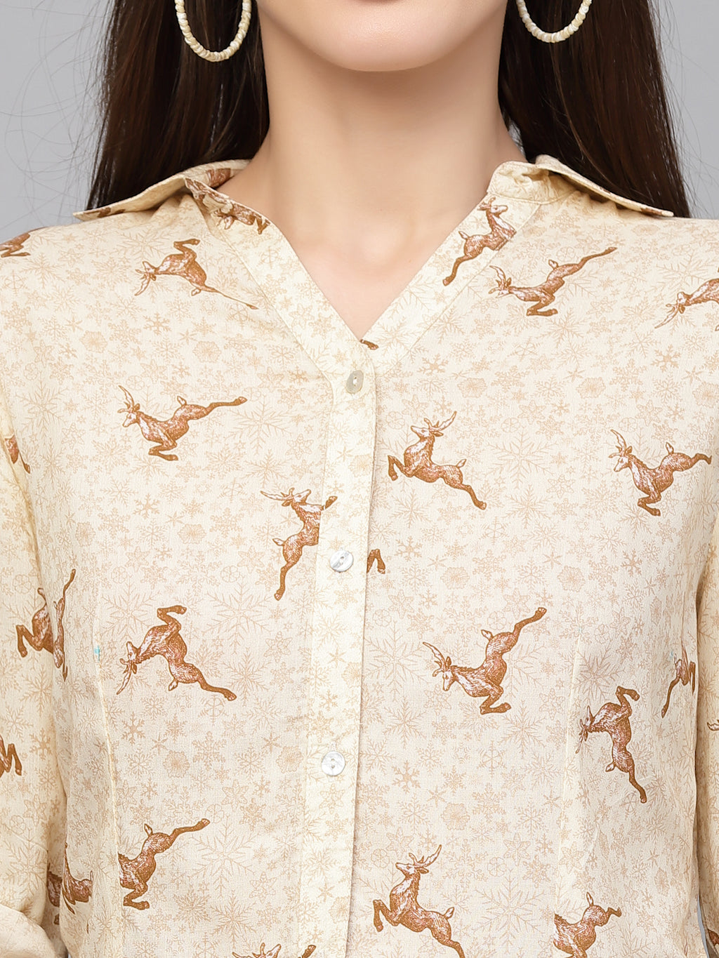 Valbone Women’s Off-White Modal Silk Printed Shirt Full Sleeves