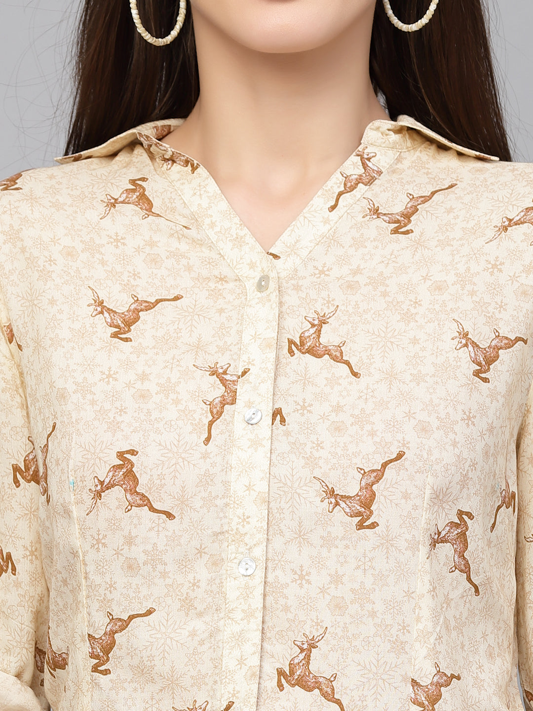 Valbone Women’s Off-White Modal Silk Printed Shirt Full Sleeves