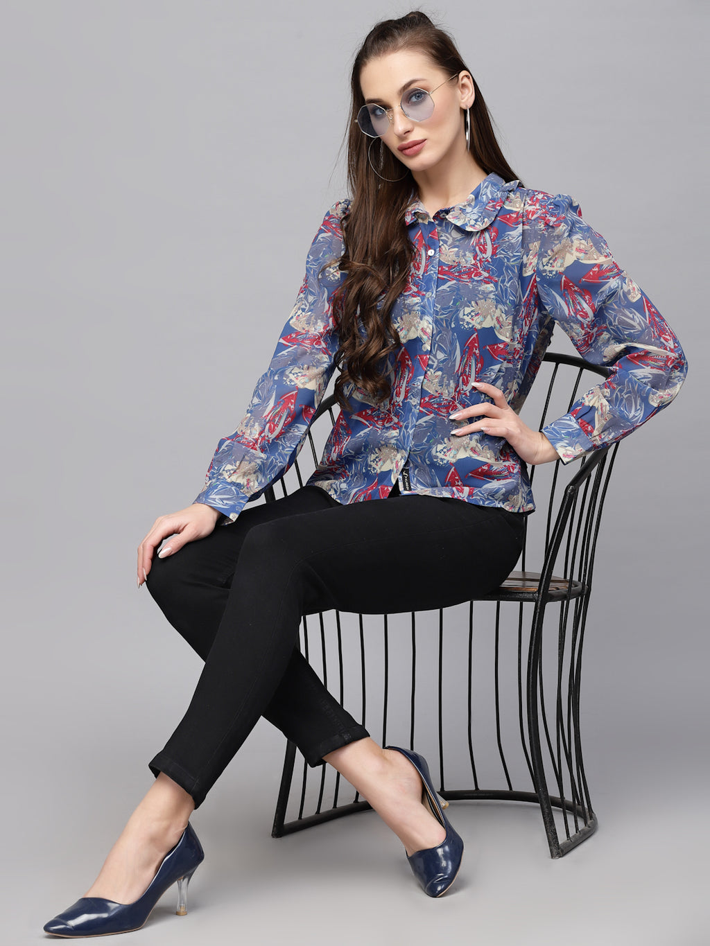 Valbone Women’s Blue Georgette Printed Shirt