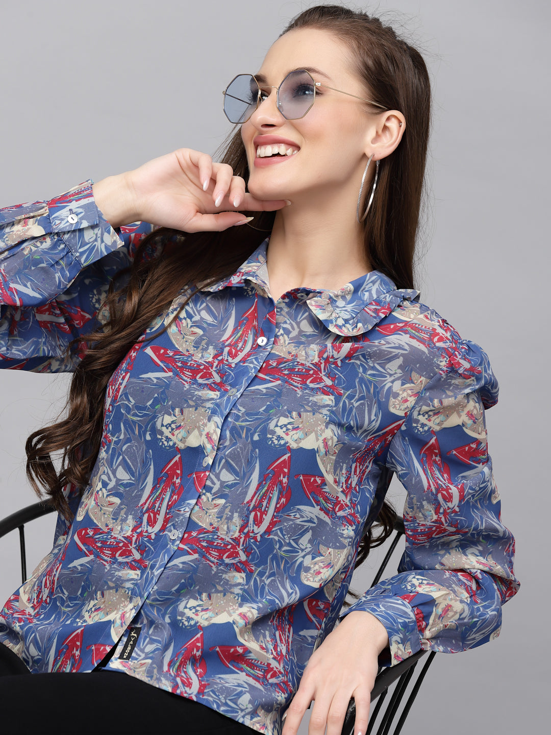 Valbone Women’s Blue Georgette Printed Shirt
