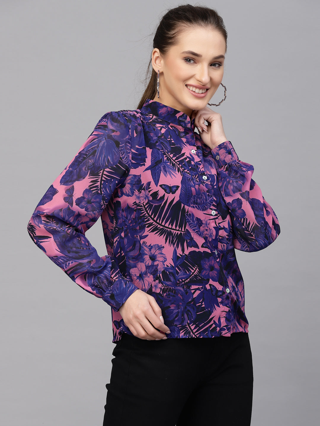 Valbone Women’s Purple Georgette Printed Shirt