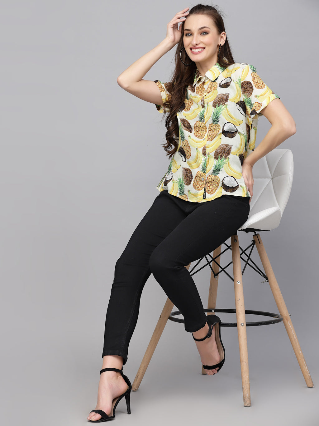 Valbone Women’s Yellow Fruits Printed Modal Silk Half Sleeves Button Closure Shirt