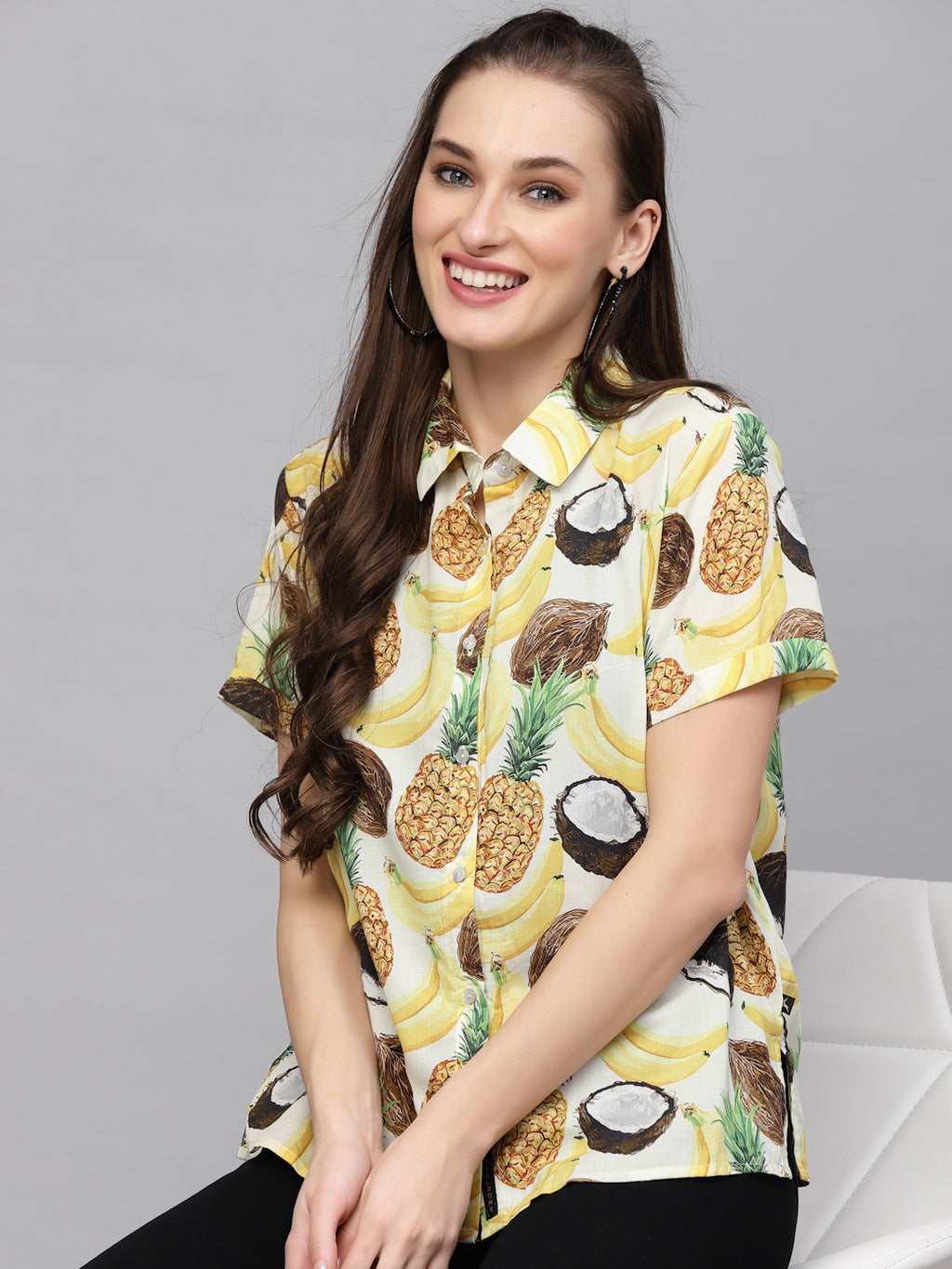 Valbone Women’s Yellow Fruits Printed Modal Silk Half Sleeves Button Closure Shirt