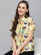 Valbone Women’s Yellow Fruits Printed Modal Silk Half Sleeves Button Closure Shirt