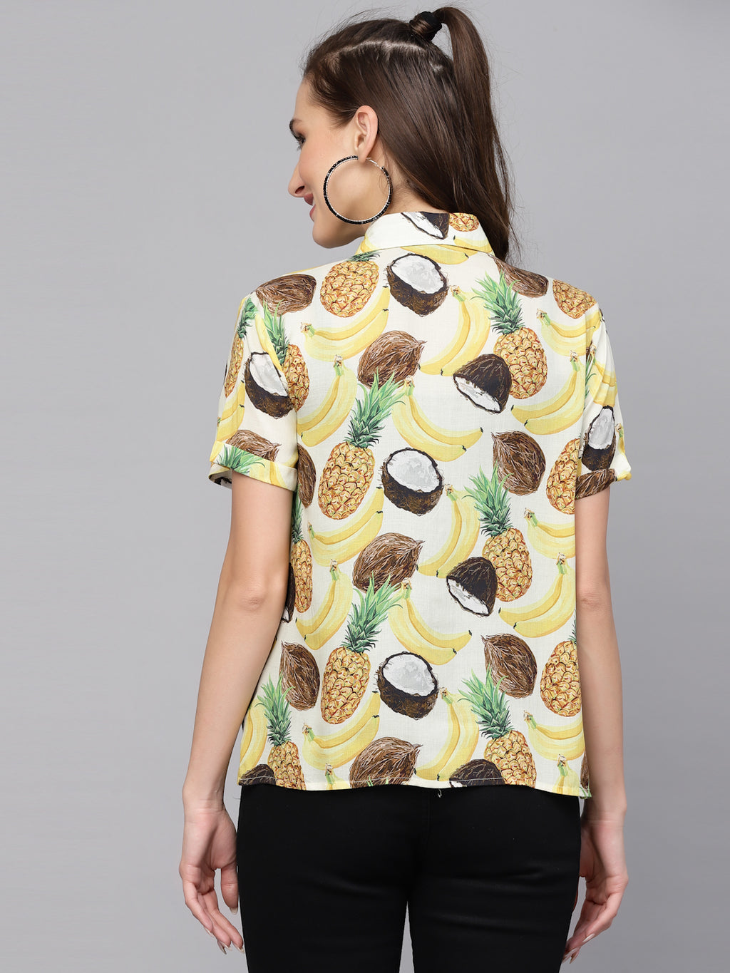 Valbone Women’s Yellow Fruits Printed Modal Silk Half Sleeves Button Closure Shirt