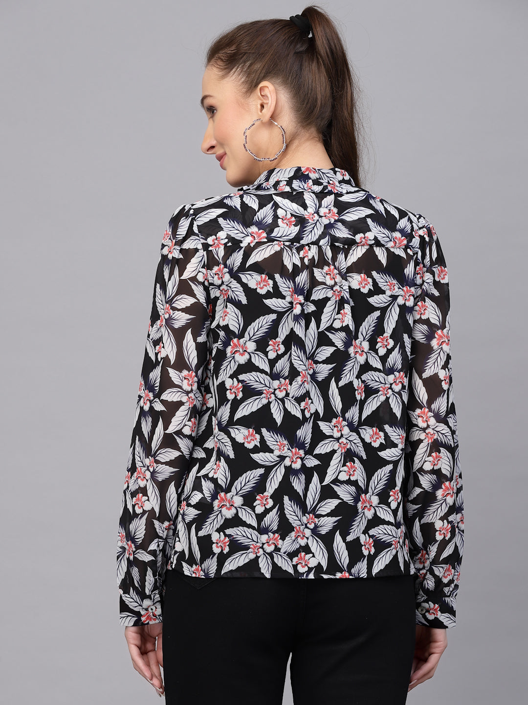 Valbone Women’s Black Georgette Floral Printed Shirt Full Sleeves