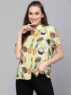Valbone Women’s Yellow Fruits Printed Modal Silk Half Sleeves Button Closure Shirt