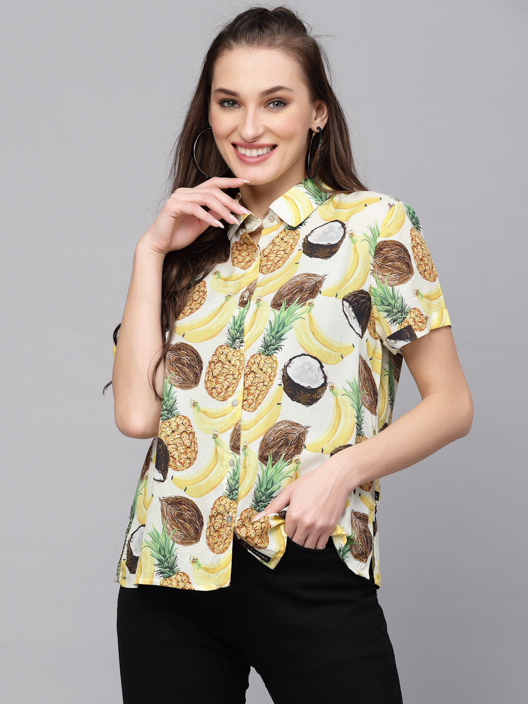 Valbone Women’s Yellow Fruits Printed Modal Silk Half Sleeves Button Closure Shirt