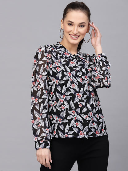Valbone Women’s Black Georgette Floral Printed Shirt Full Sleeves