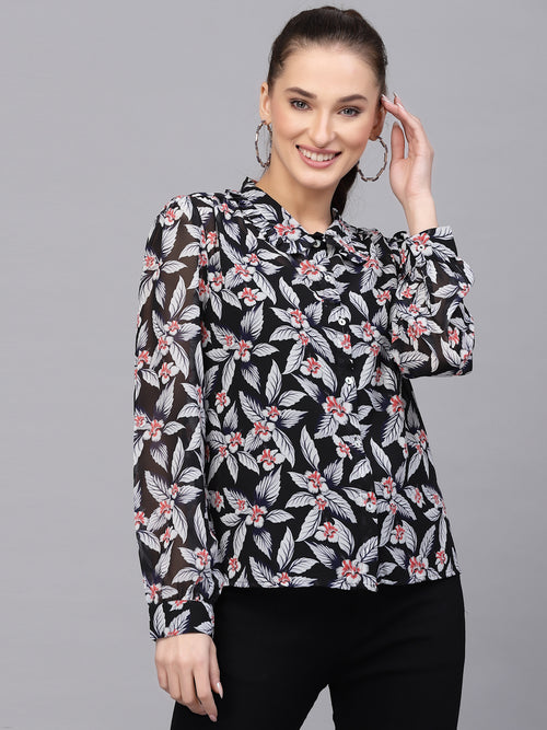 Valbone Women’s Black Georgette Floral Printed Shirt Full Sleeves
