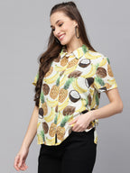 Valbone Women’s Yellow Fruits Printed Modal Silk Half Sleeves Button Closure Shirt
