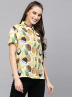 Valbone Women’s Yellow Fruits Printed Modal Silk Half Sleeves Button Closure Shirt