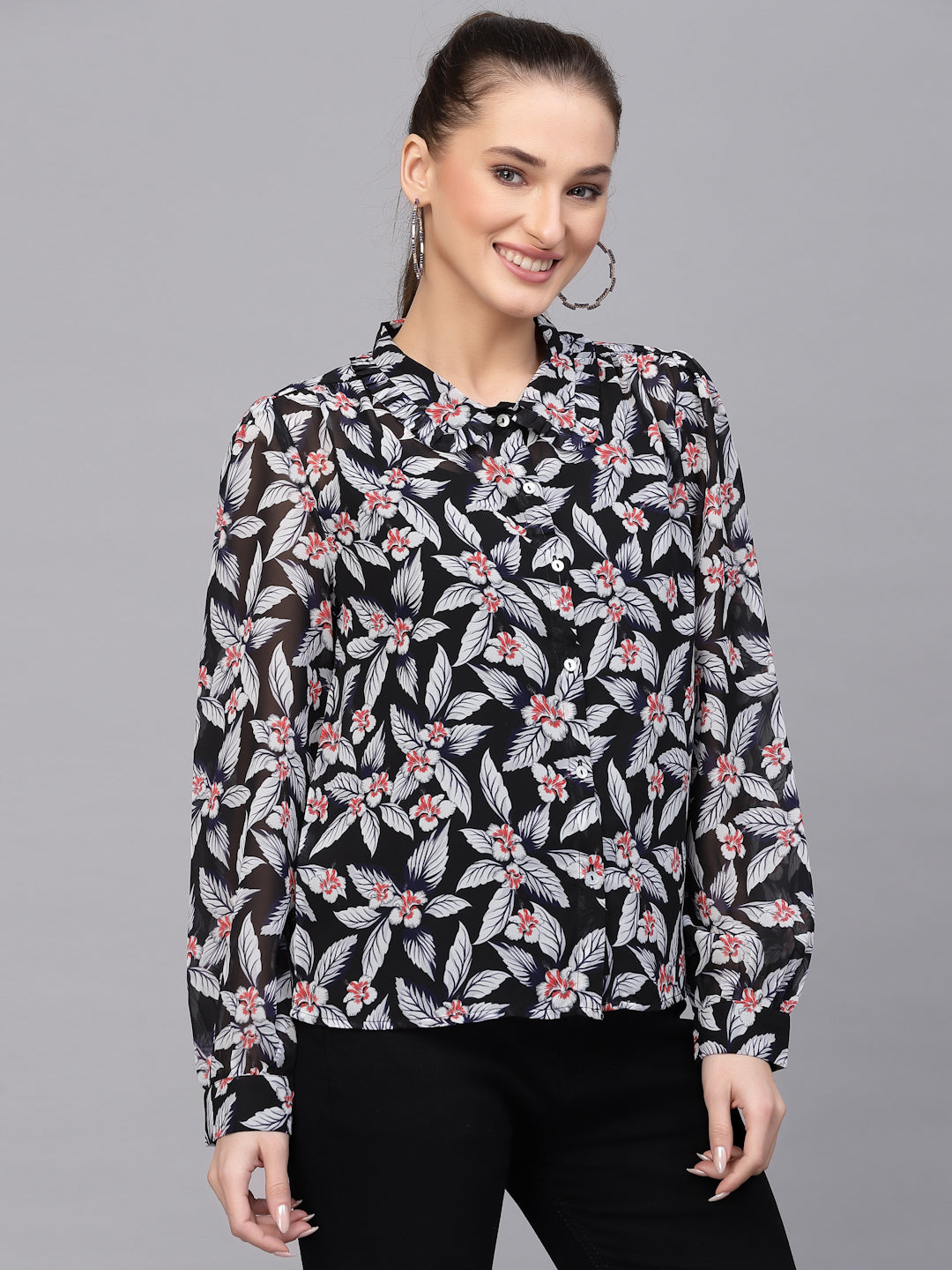 Valbone Women’s Black Georgette Floral Printed Shirt Full Sleeves