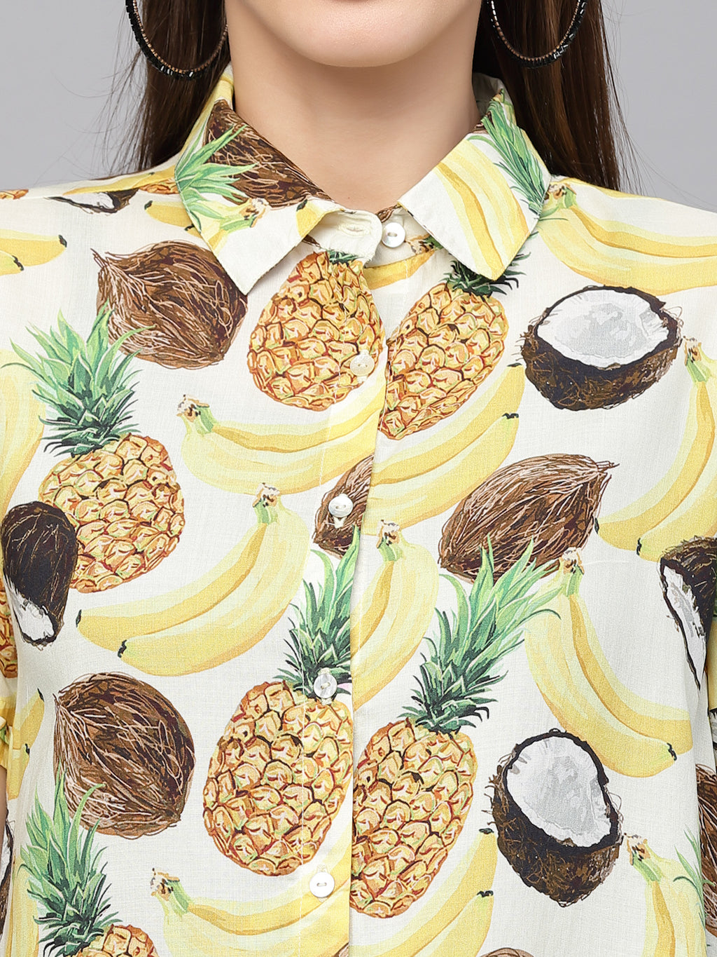 Valbone Women’s Yellow Fruits Printed Modal Silk Half Sleeves Button Closure Shirt