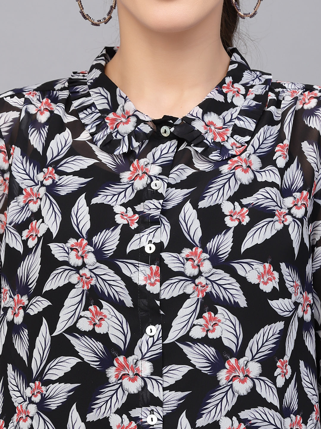 Valbone Women’s Black Georgette Floral Printed Shirt Full Sleeves