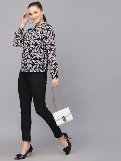 Valbone Women’s Black Georgette Floral Printed Shirt Full Sleeves