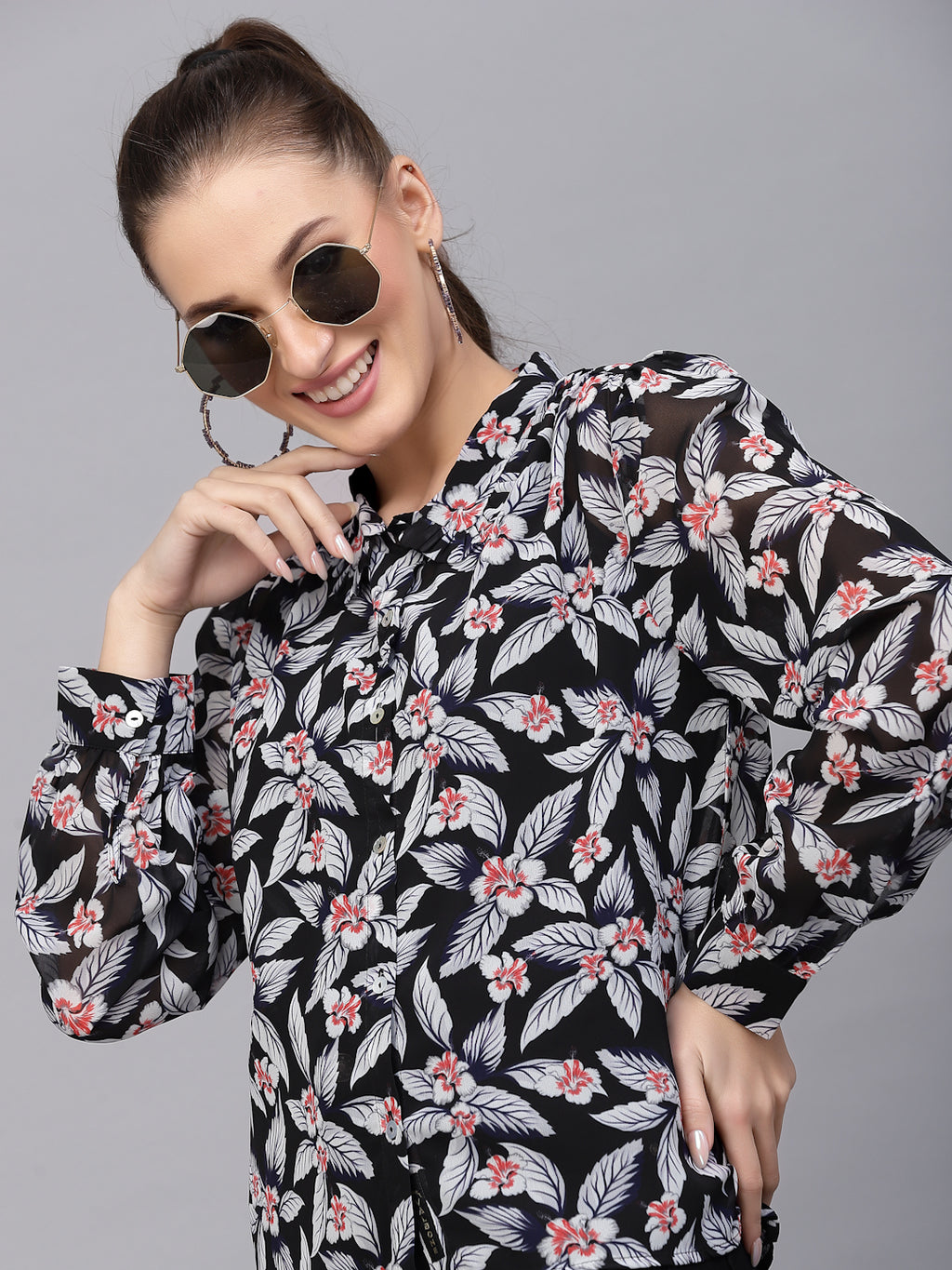 Valbone Women’s Black Georgette Floral Printed Shirt Full Sleeves
