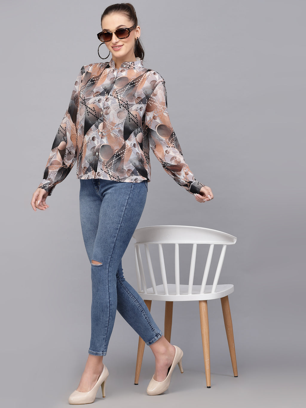 Valbone Women’s Brown Georgette Printed Shirt