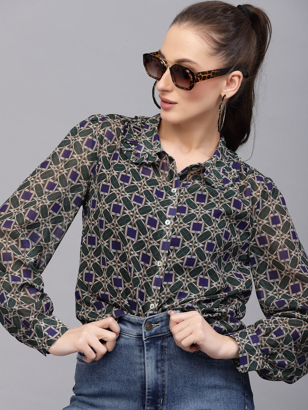 Valbone Women’s Blue Georgette Printed Shirt