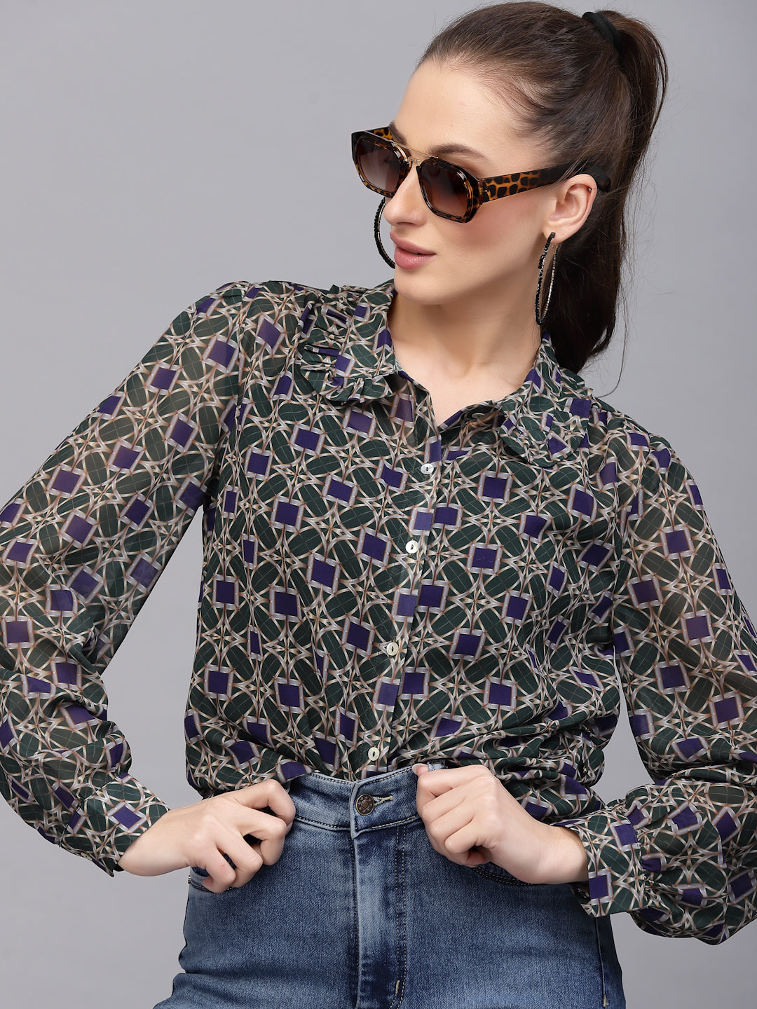 Valbone Women’s Blue Georgette Printed Shirt