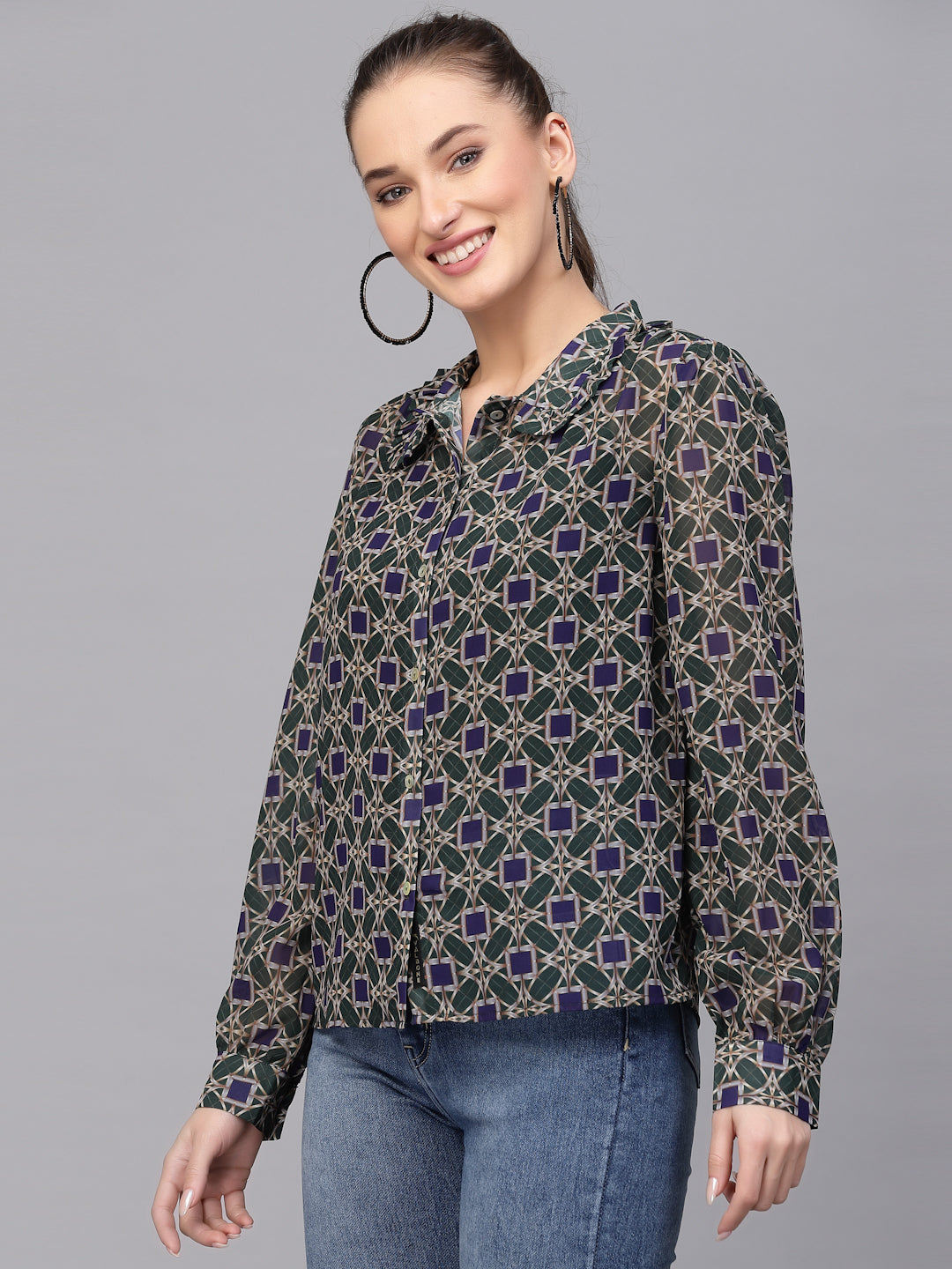 Valbone Women’s Blue Georgette Printed Shirt