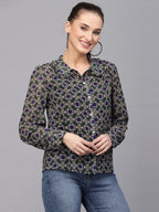 Valbone Women’s Blue Georgette Printed Shirt