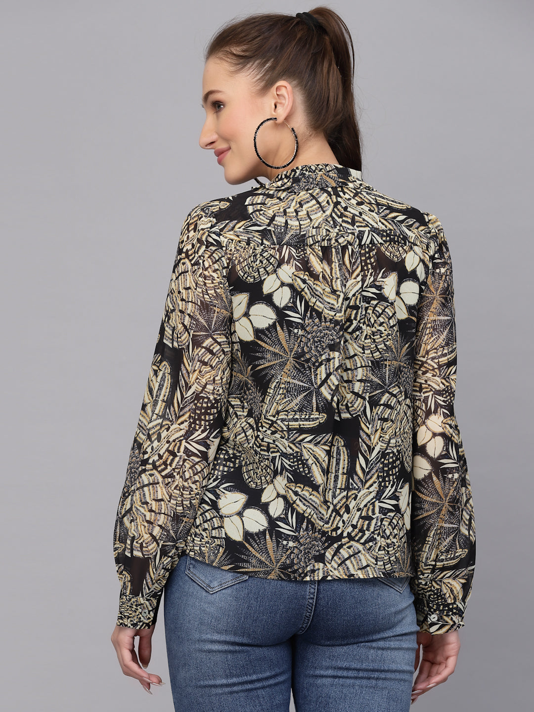 Valbone Women’s Black & Beige Georgette Floral Printed Shirt Full Sleeves